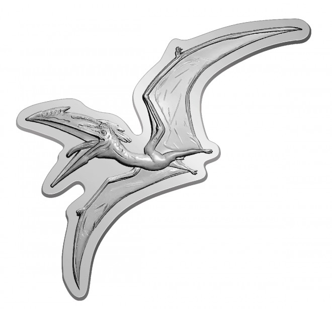 A random pin badge featuring one of the three great dinosaurs—land, sea, or sky—is included.